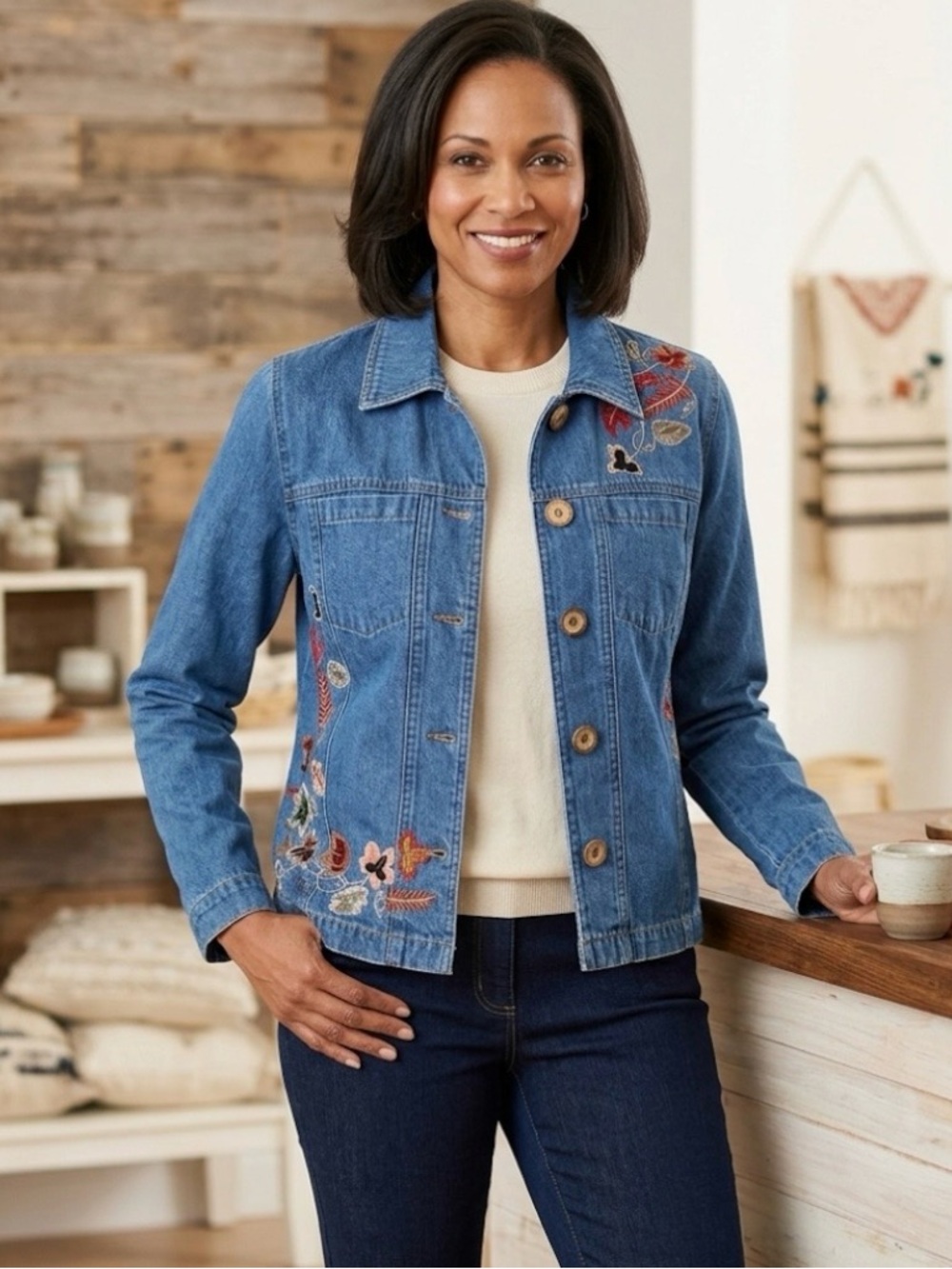 Tantrums Embroidered Jean Jacket Falling Leaves  Women's sz S
